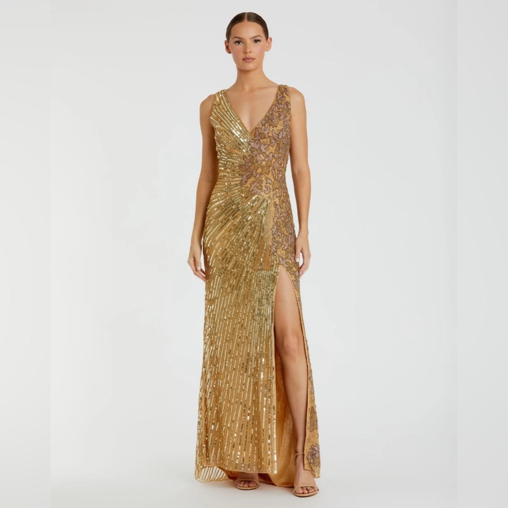 Mac Duggal Gold beaded floral sleeveless dress
